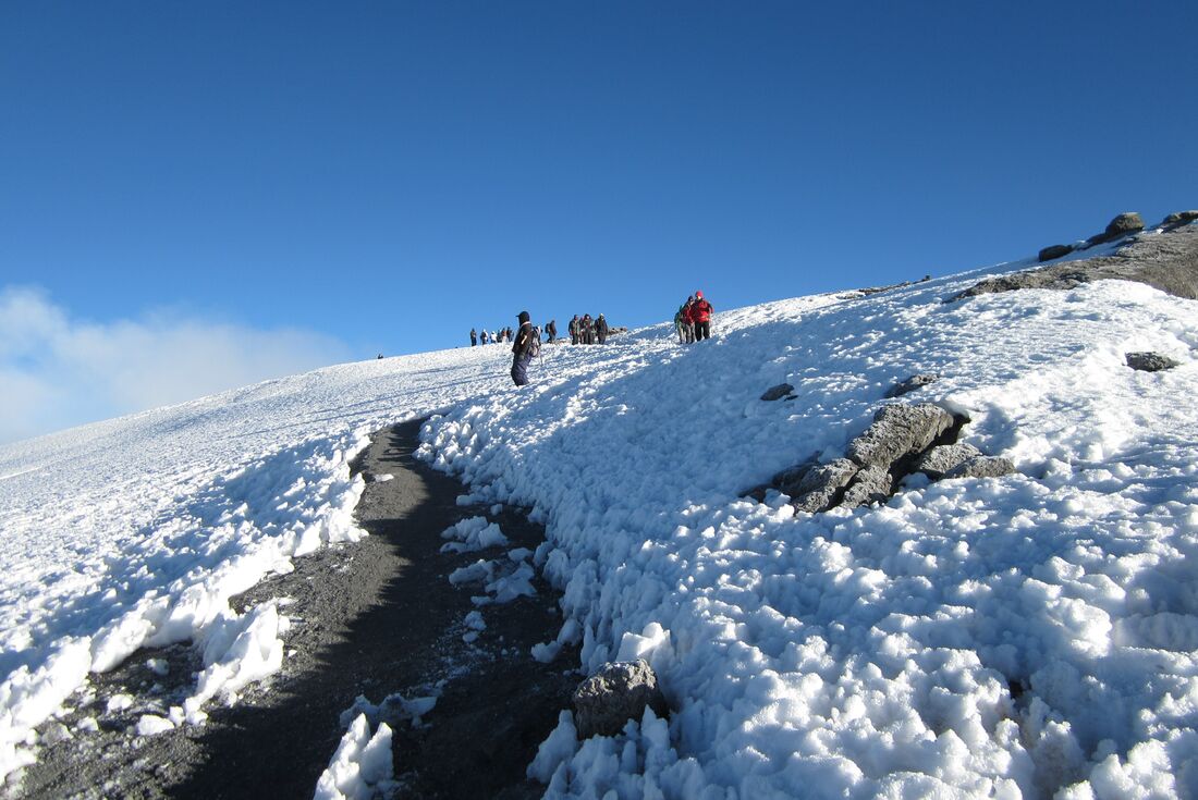 Hikers trek through snow on Mount Kilimanjaro 