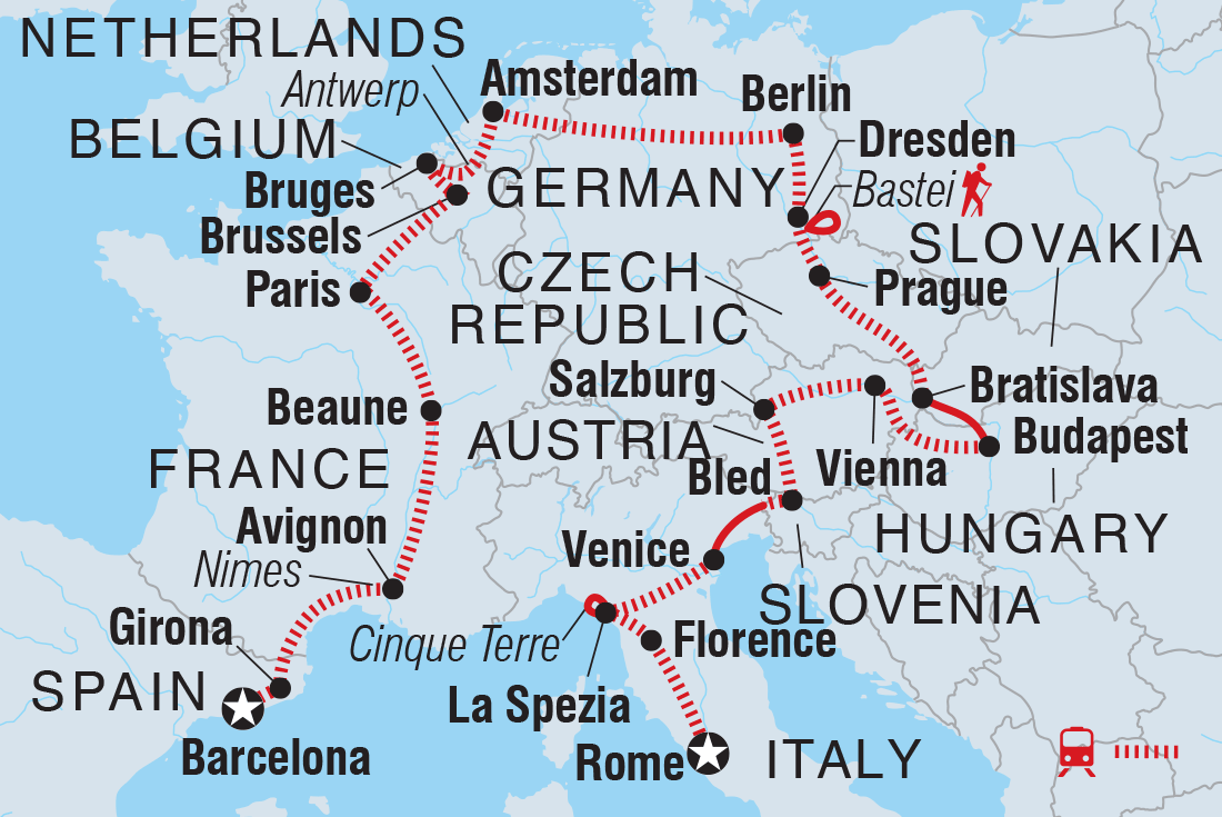 Map of Europe Explorer including Austria, Belgium, Czech Republic, France, Germany, Hungary, Italy, Netherlands, Slovakia, Slovenia and Spain