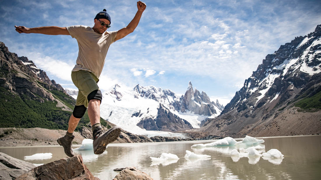 Traveller jumping, Laguna de Los Tres, Patagonia, Argentina