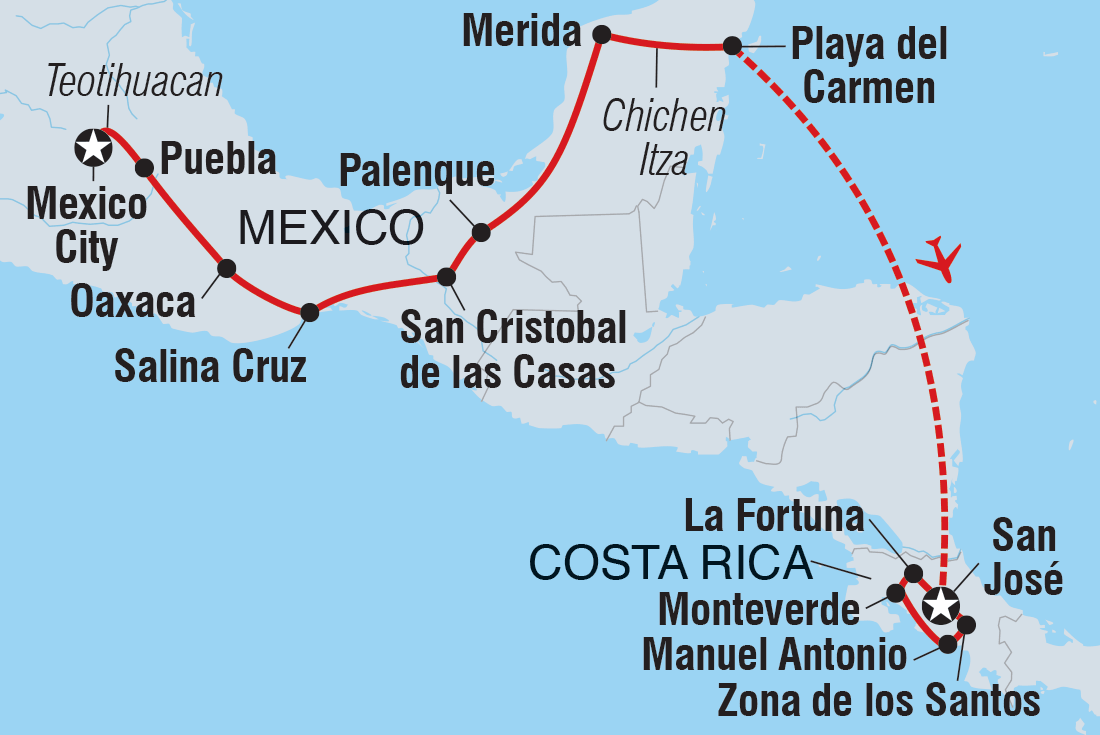 Map of Best Of Mexico & Costa Rica including Costa Rica and Mexico