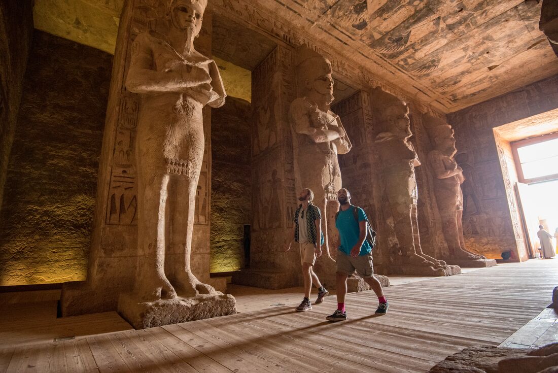 Intrepid travellers walking into the Abu Simbel Temples in Egypt