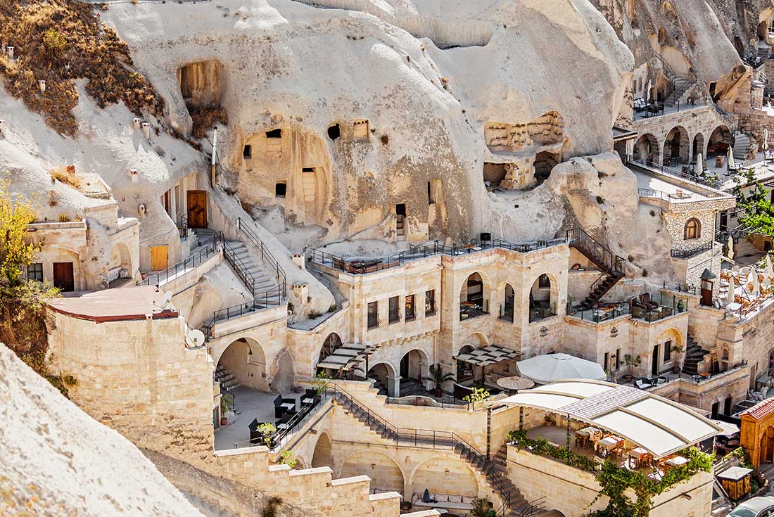 Aerial view of cave hotel in Cappadocia, Turkey