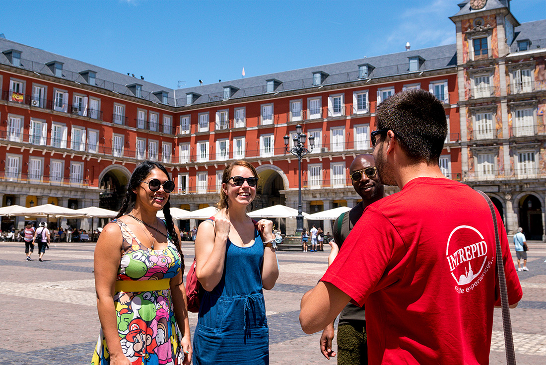 Intrepid travellers and tour leader in Madrid city, Spain