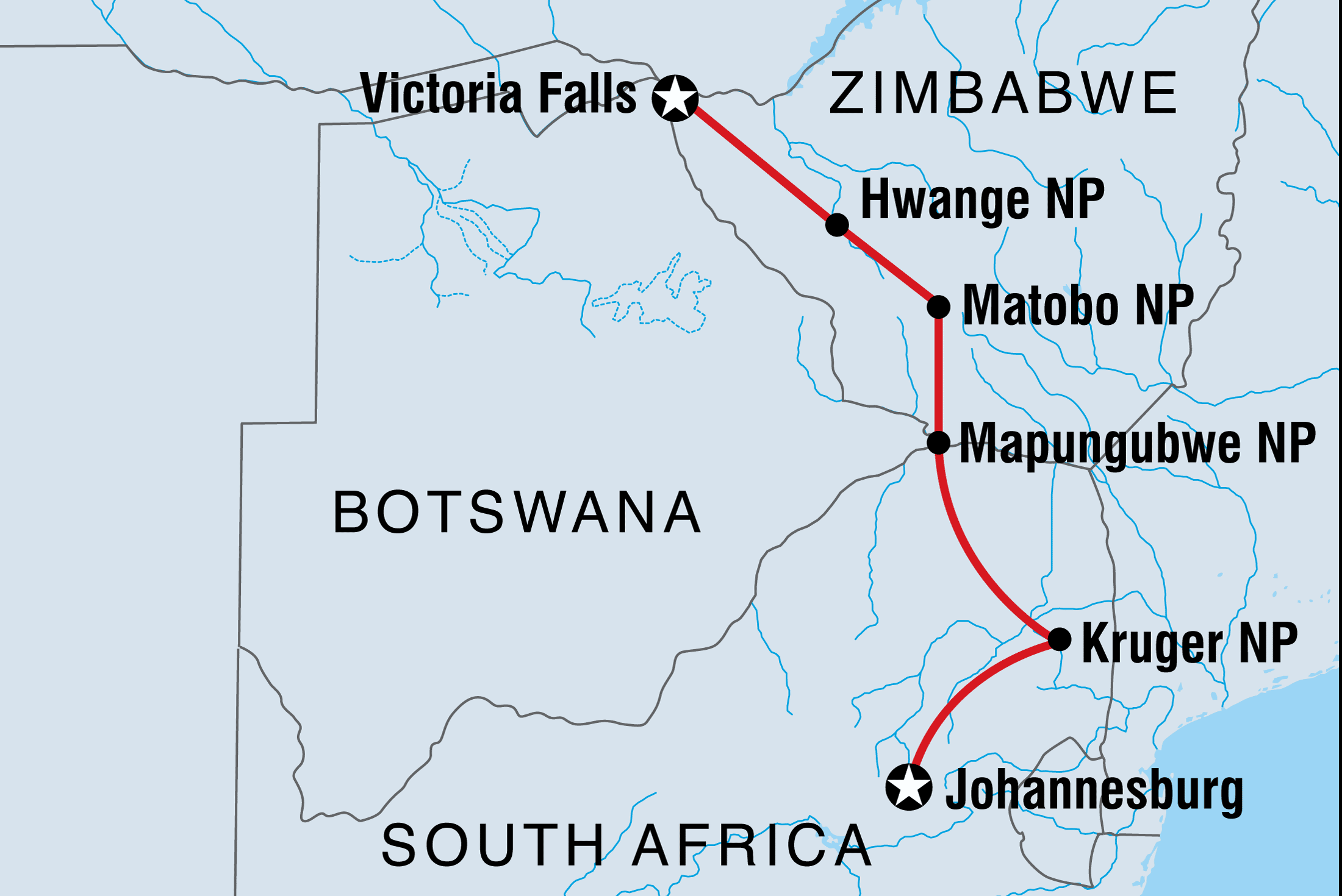 Map of Essential African Safari including South Africa and Zimbabwe