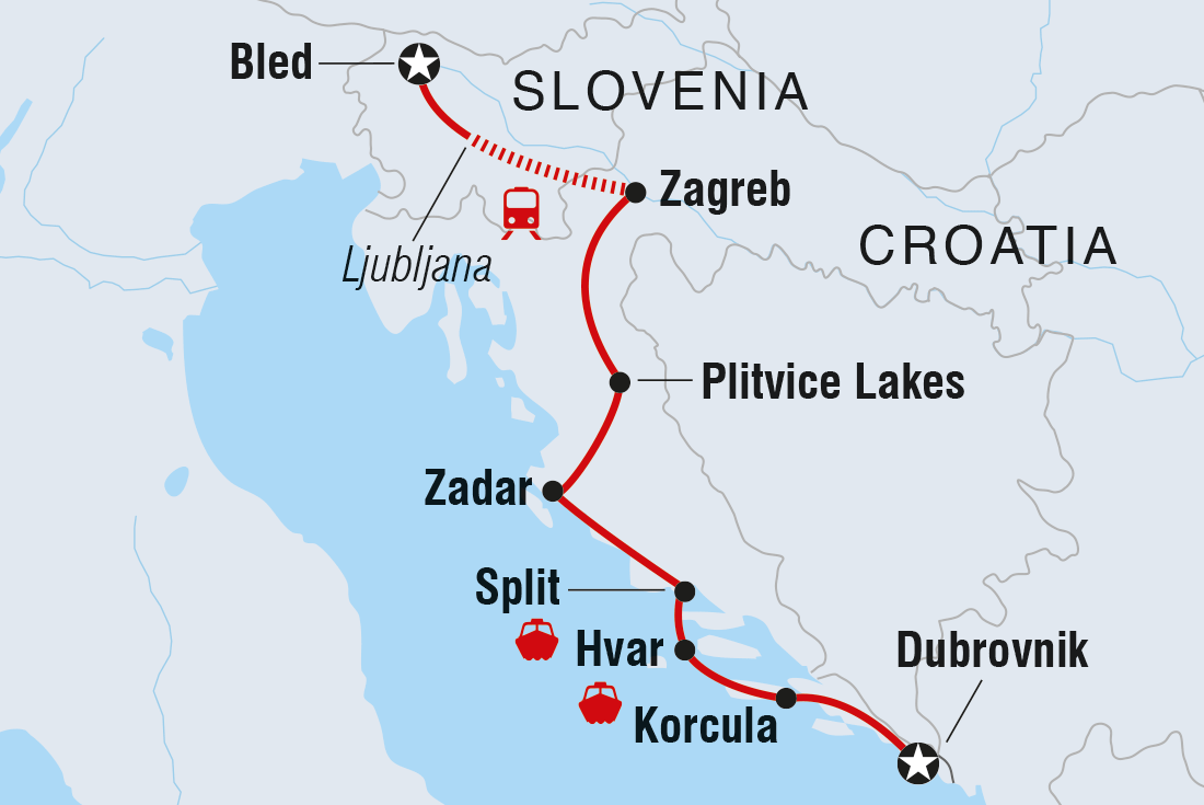 Map of Dubrovnik To Bled including Croatia and Slovenia