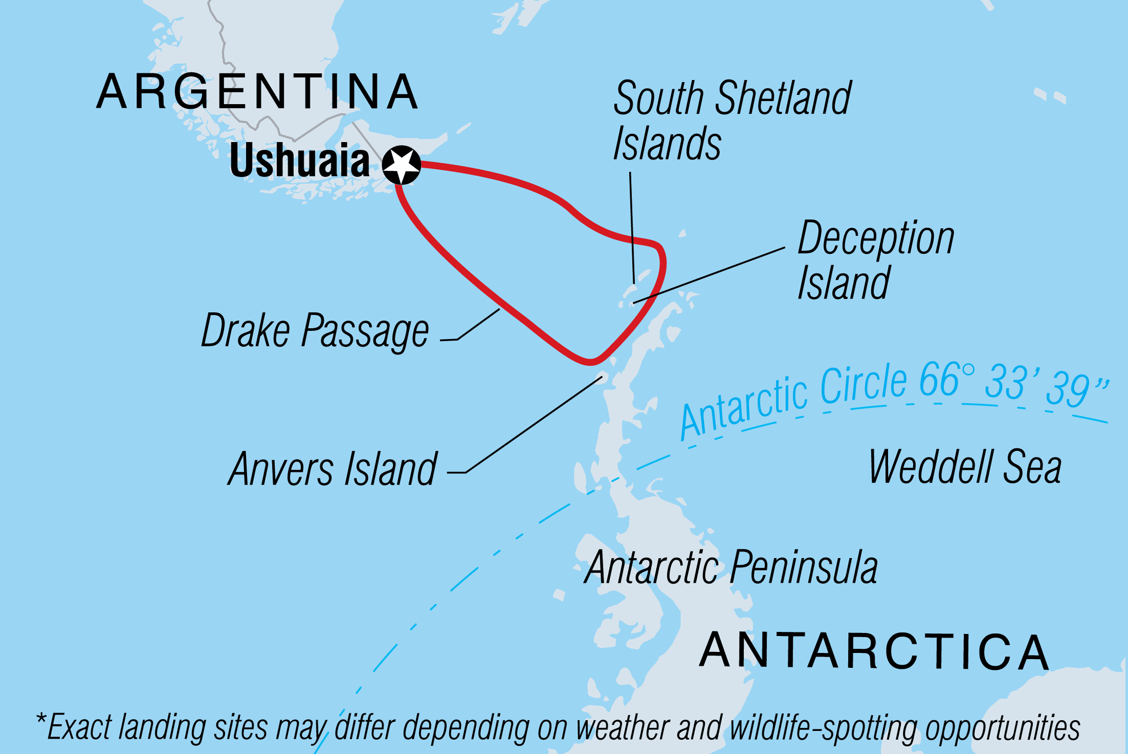 Map of Best Of Antarctica: Wildlife Explorer (Ocean Endeavour) including Antarctica and Argentina