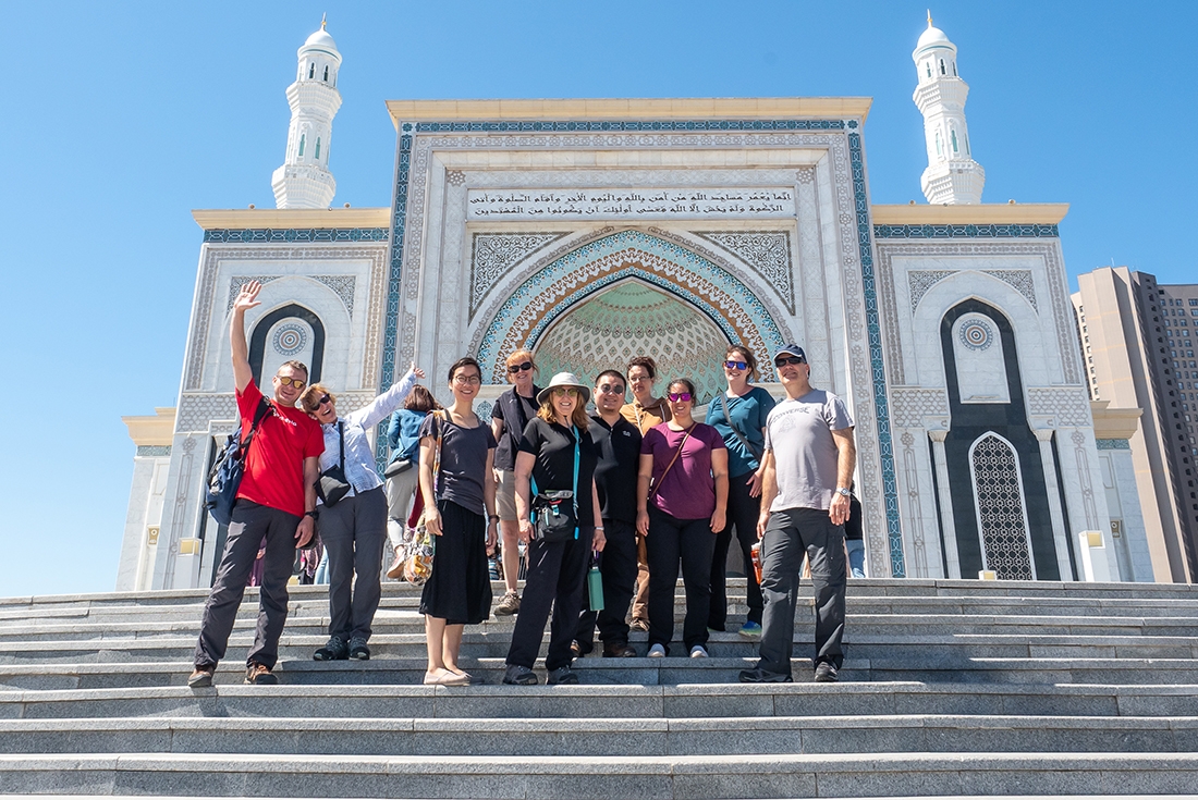 Intrepid Travellers stand outside the Hazrat Sultan Mosque in Astana
