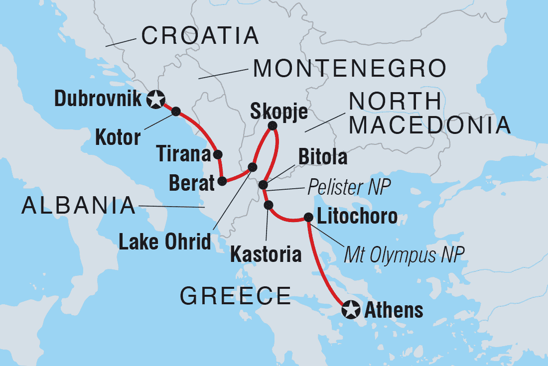 Map of Dubrovnik To Athens including Albania, Croatia, Greece, Macedonia, Republic Of and Montenegro