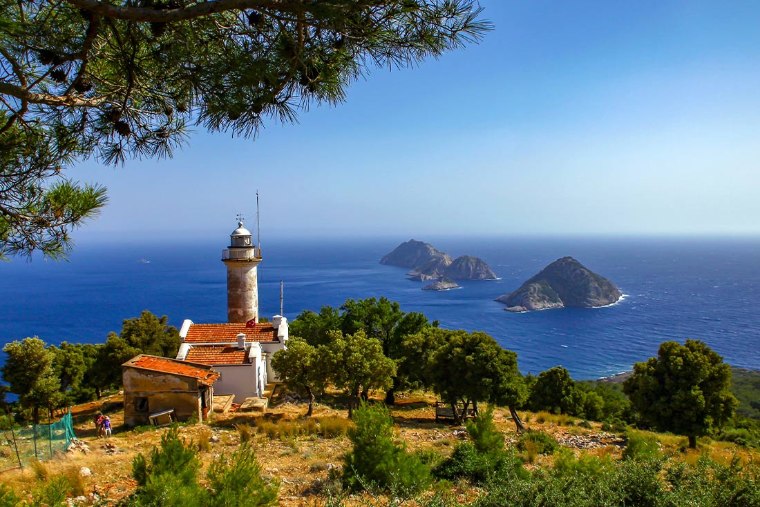 View of the Galidonya Lighthouse and surrounding islands along the Lycian Way, Turkey