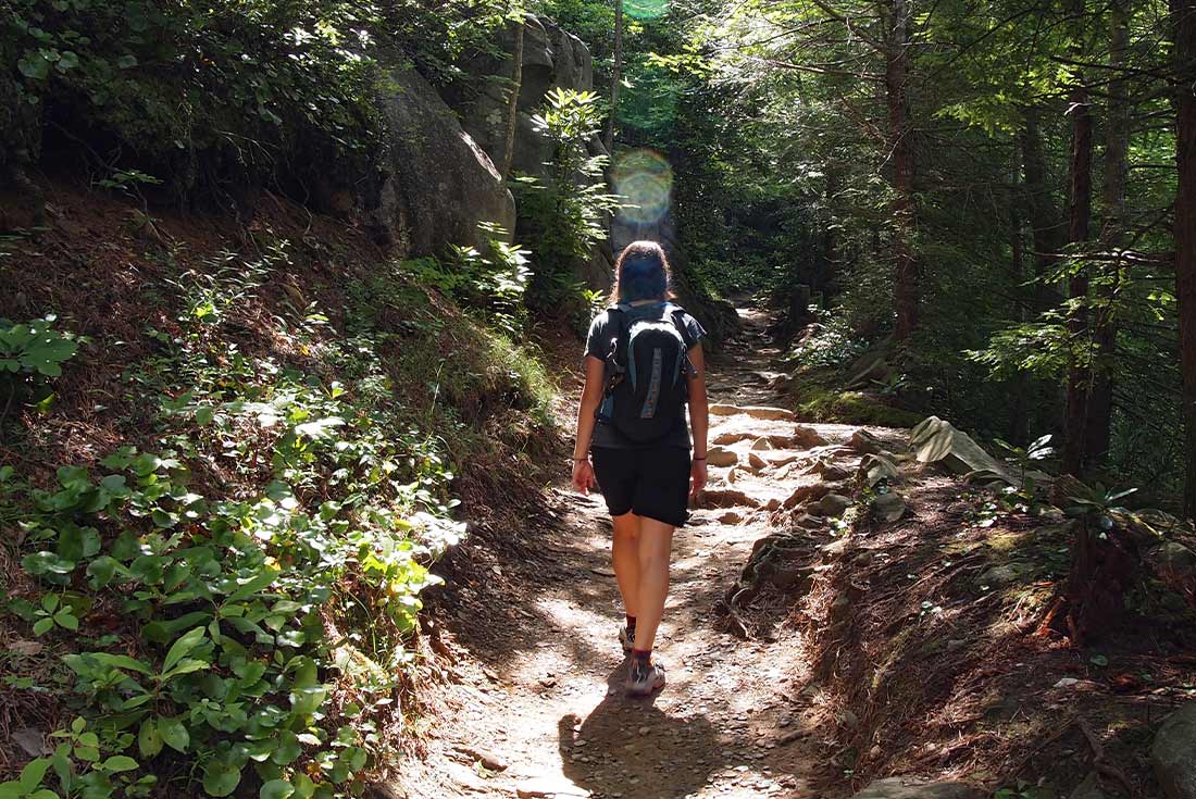 Female traveller hiking along wooded trail in Great Smoky Mountains National Park, Tennessee, U.S.A.