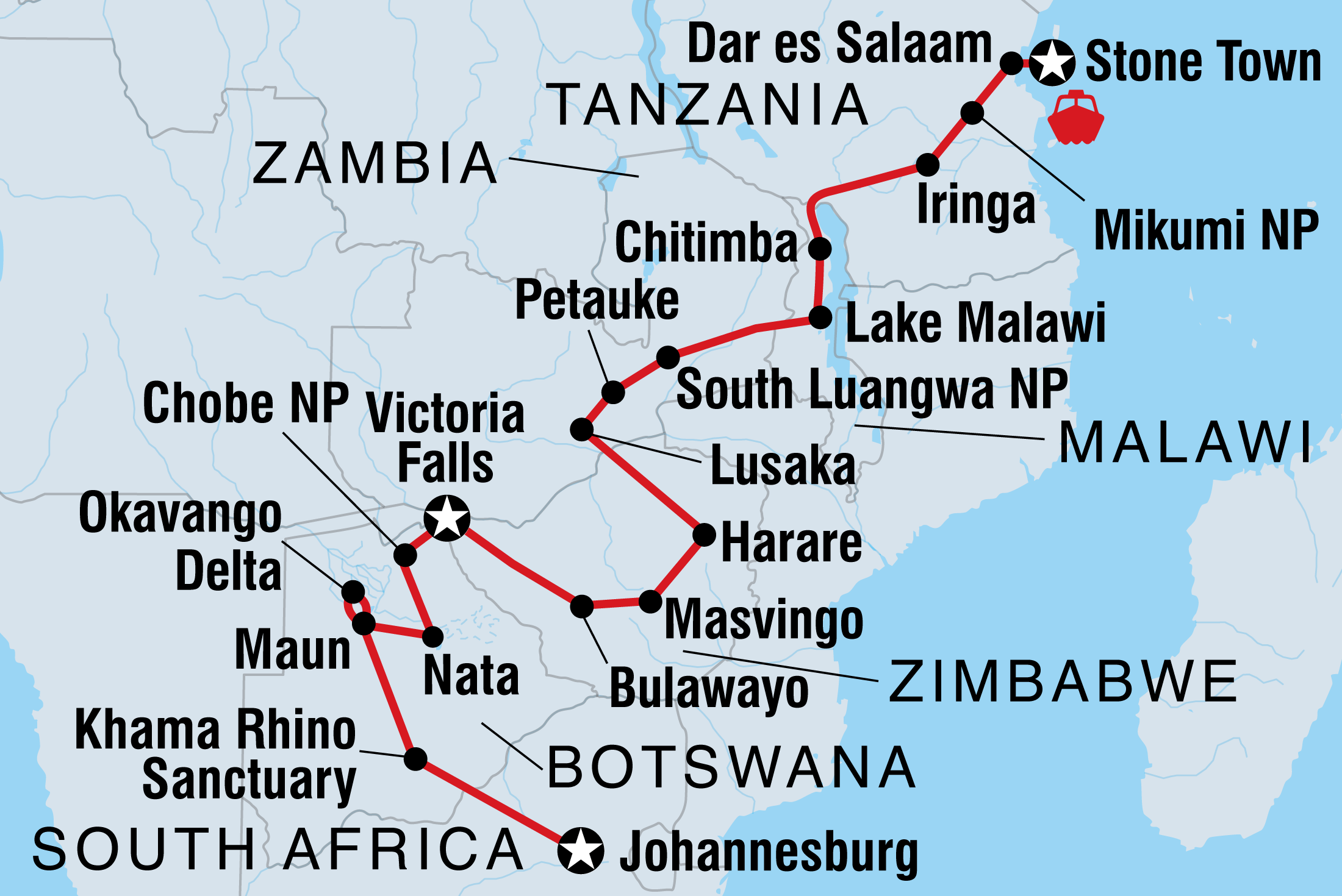 Map of Johannesburg To Zanzibar including Botswana, Malawi, South Africa, Tanzania, United Republic Of, Zambia and Zimbabwe