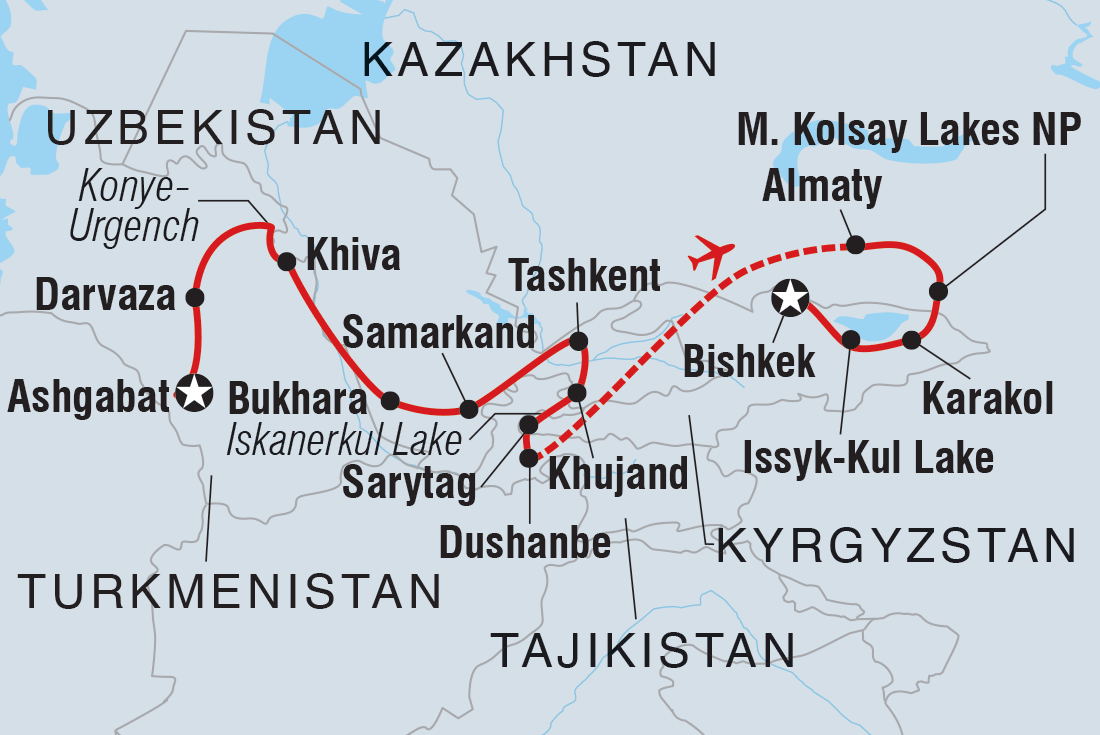 Map of Central Asia: Five Stans Express including Kazakhstan, Kyrgyzstan, Tajikistan, Turkmenistan and Uzbekistan