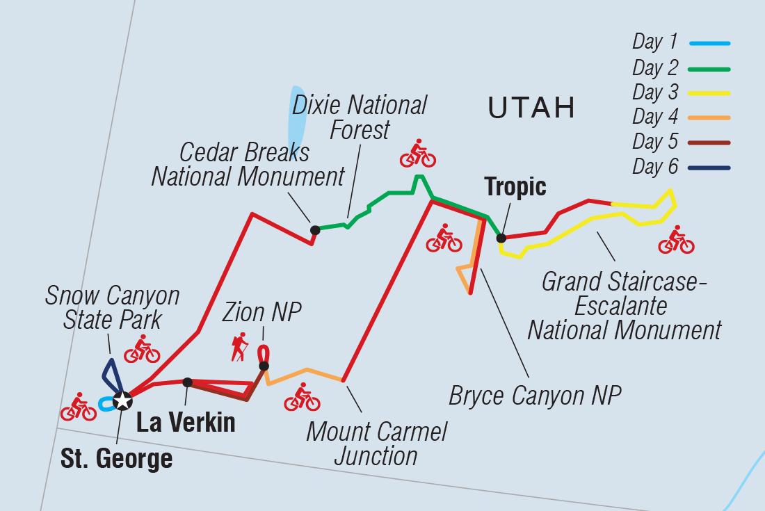 Map of Cycle Utah: Bryce & Zion National Parks including United States Of America