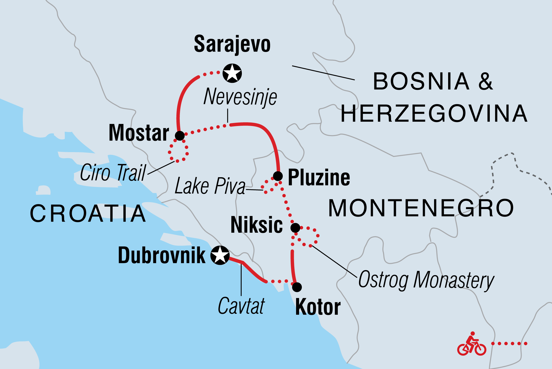 Map of Cycle The Balkans including Bosnia And Herzegovina, Croatia and Montenegro