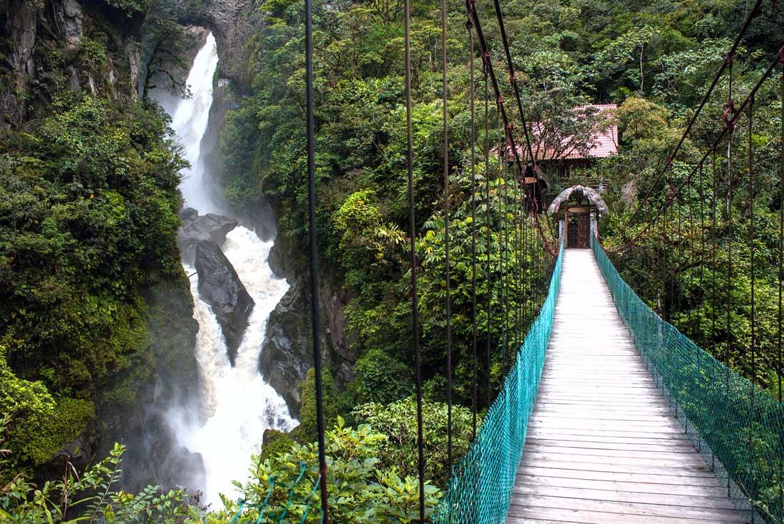 Pailon del Diablo waterfall and wooden bridge, Ecuador