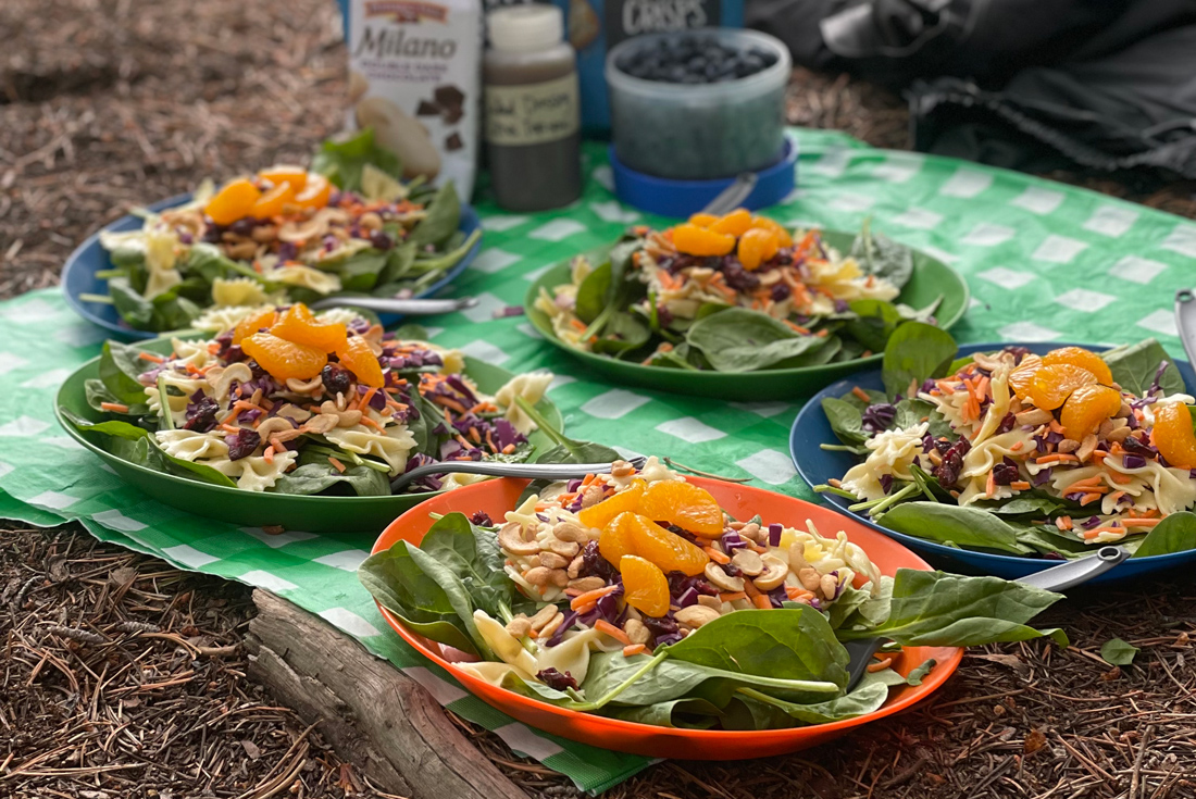 A range of health, delicious hiking food on a table cloth