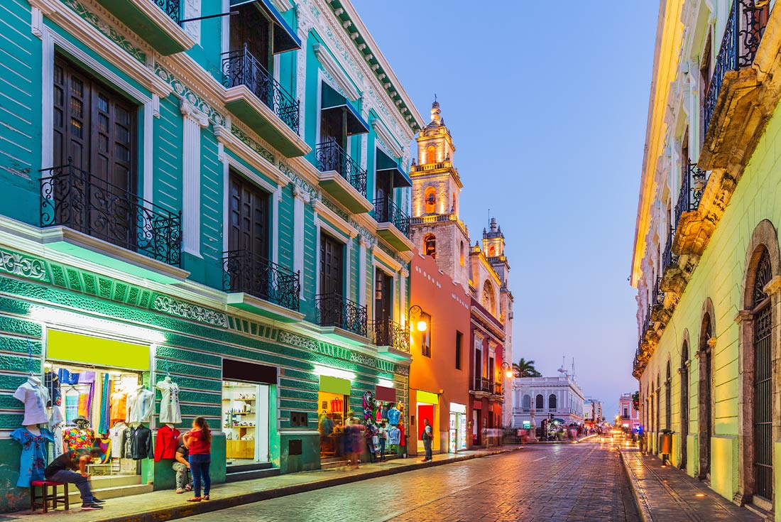 Colourful buildings of Merida at night, Mexico
