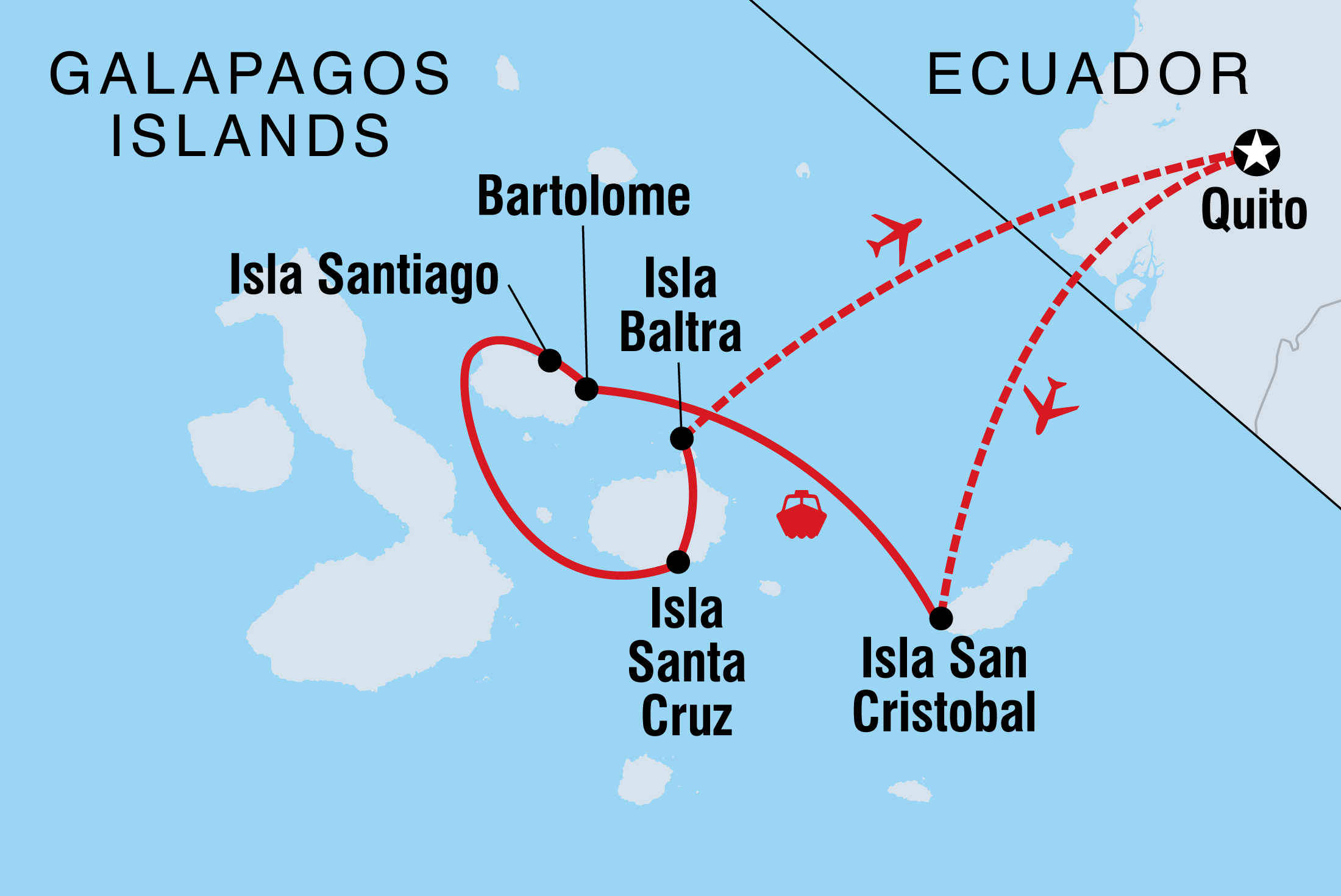 Map of Galapagos Encounter: Central Islands (Grand Queen Beatriz) including Ecuador