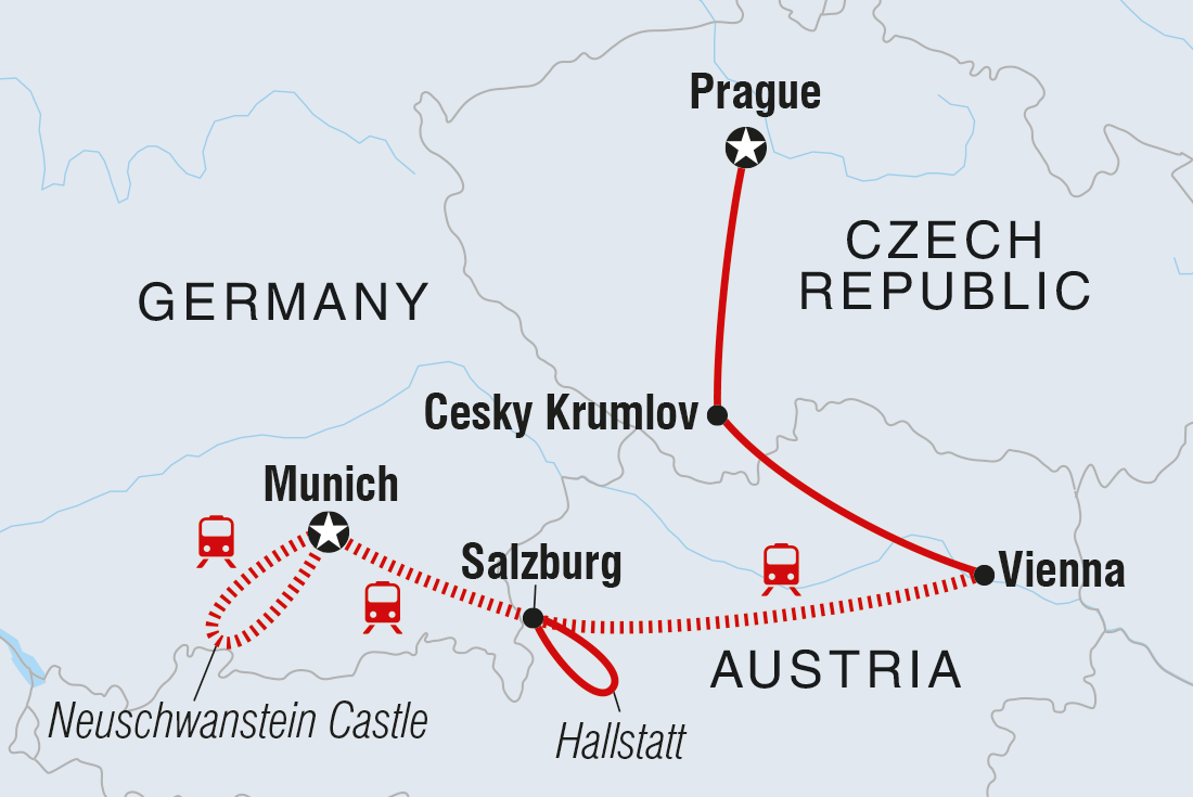Map of Premium Munich To Prague including Austria, Czech Republic and Germany