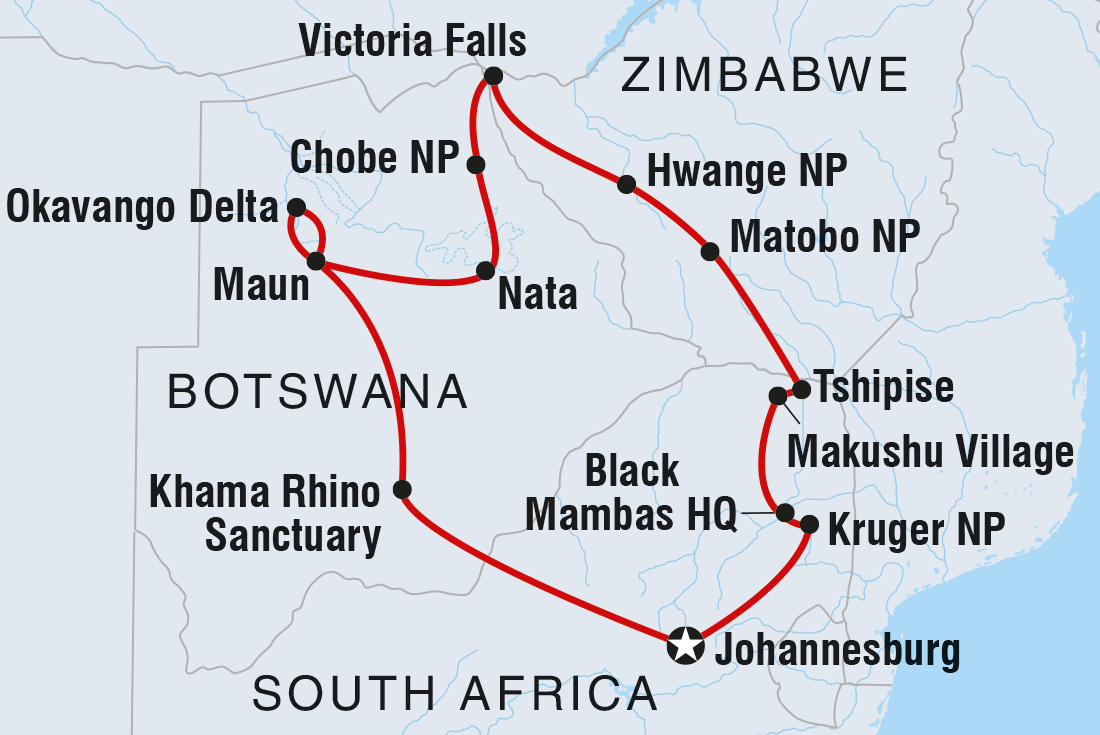 Map of Explore Southern Africa including Botswana, South Africa and Zimbabwe