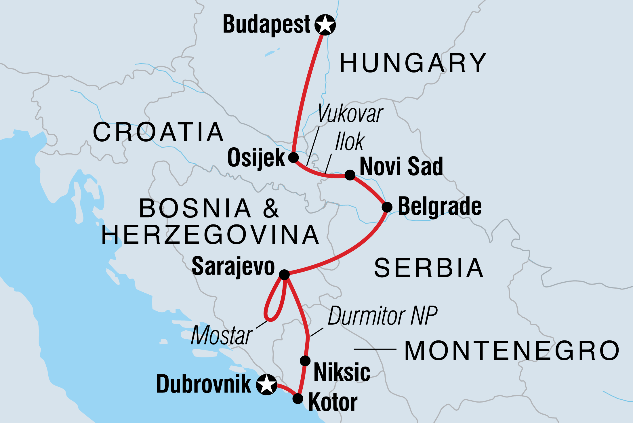 Map of Balkan Adventure including Bosnia And Herzegovina, Croatia, Hungary, Montenegro and Serbia