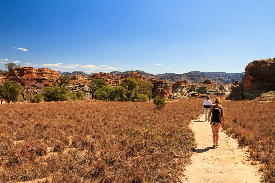 Travellers hiking through Isalo National Park in Madagascar