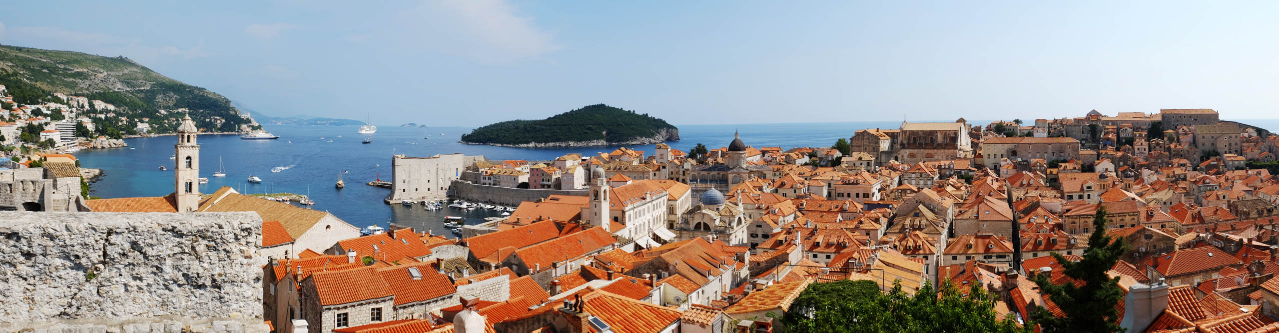View of Dubrovnik, on a clear sunny day with the harbour in view, Dalmatia, Croatia