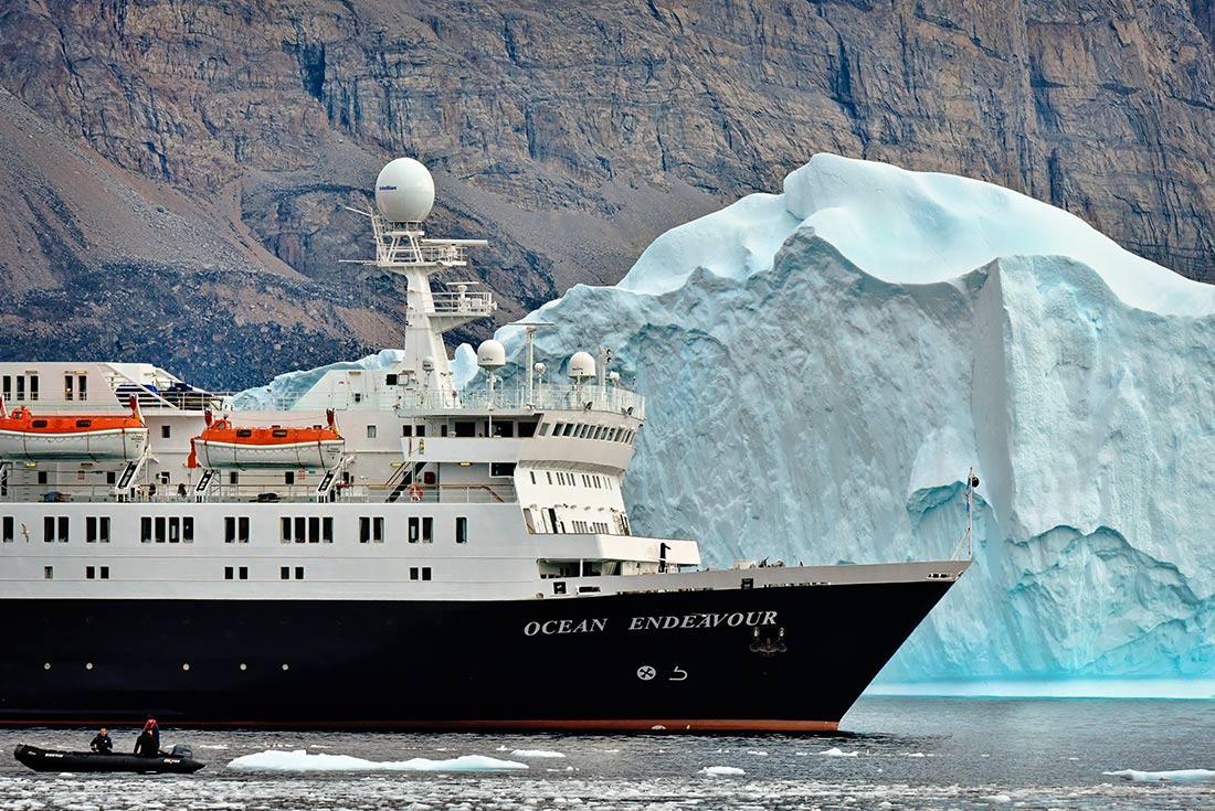 Ocean Endeavour with zodiac in front, Greenland