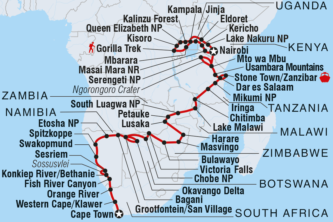Map of Africa Encompassed Southbound including Botswana, Kenya, Malawi, Namibia, South Africa, Tanzania, United Republic Of, Uganda, Zambia and Zimbabwe