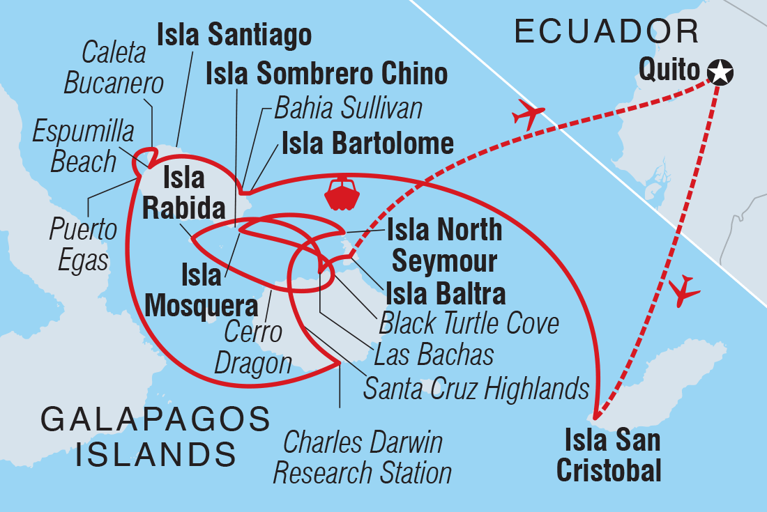 Map of Classic Galapagos: Central Eastern Islands (Grand Queen Beatriz) including Ecuador