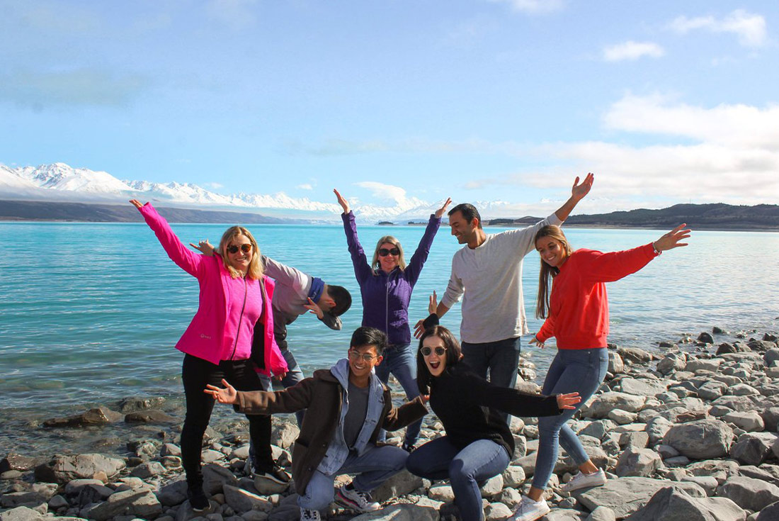 Group on the shores of Lake Tekapo, South Island, New Zealand