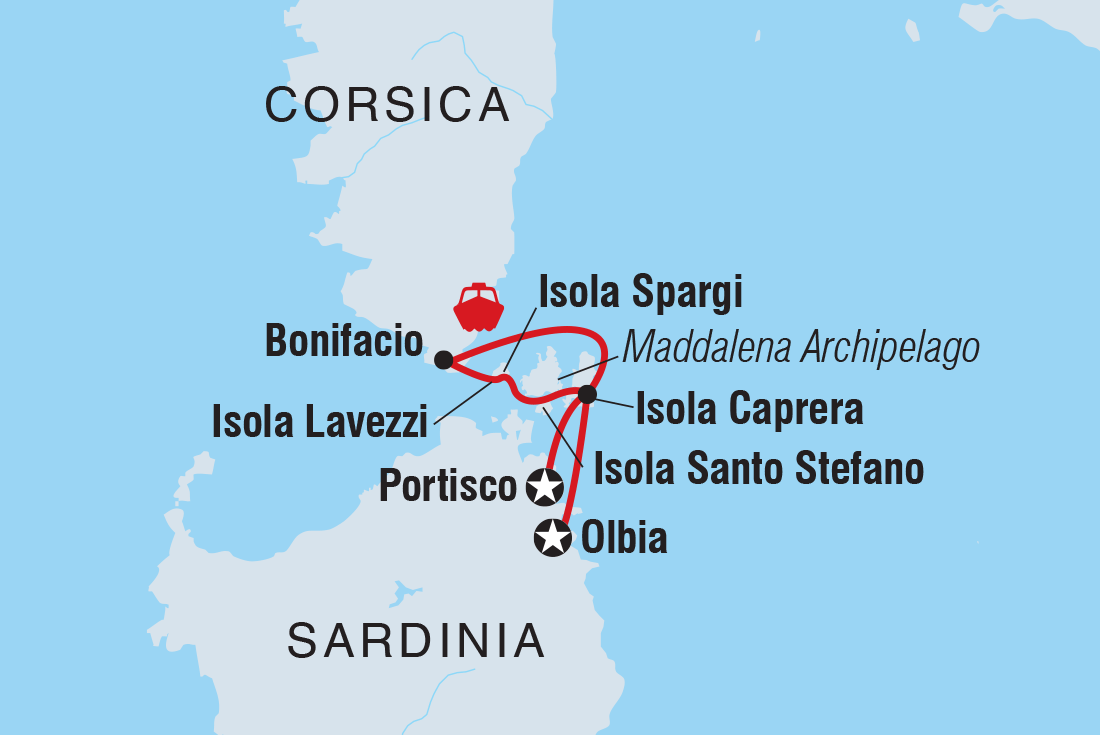 Map of Sardinia & Corsica Sailing Adventure including France and Italy