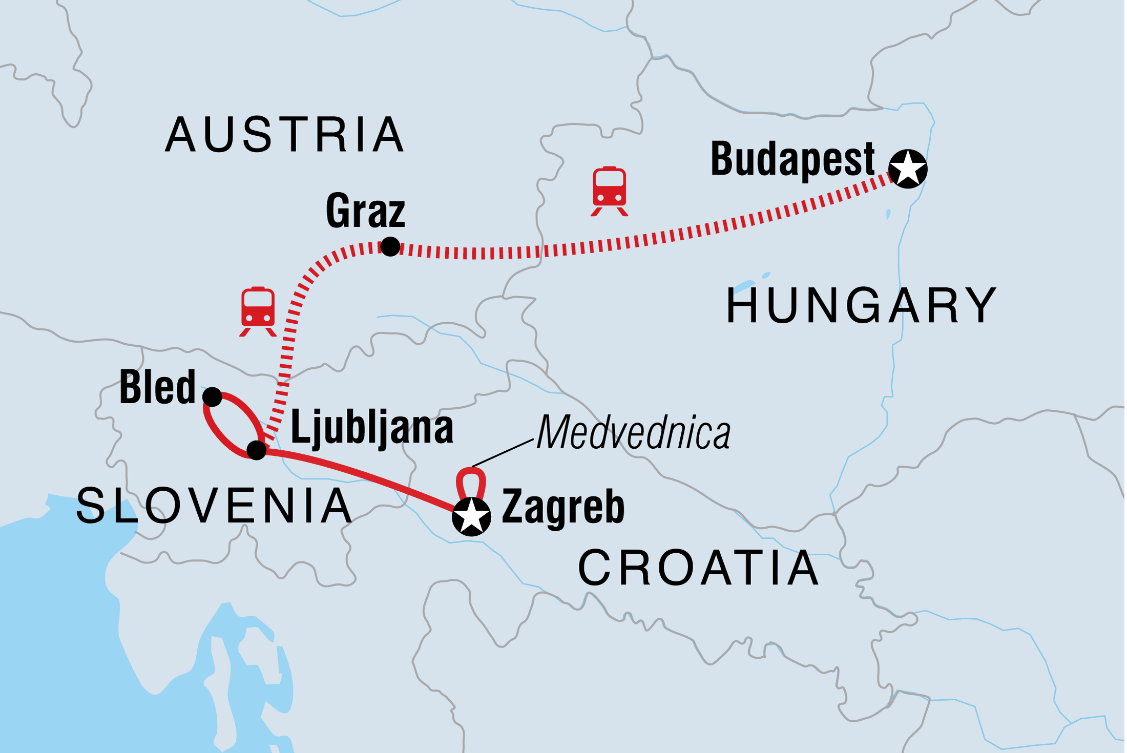 Map of Europe Christmas Markets: Budapest To Zagreb including Austria, Croatia, Hungary and Slovenia