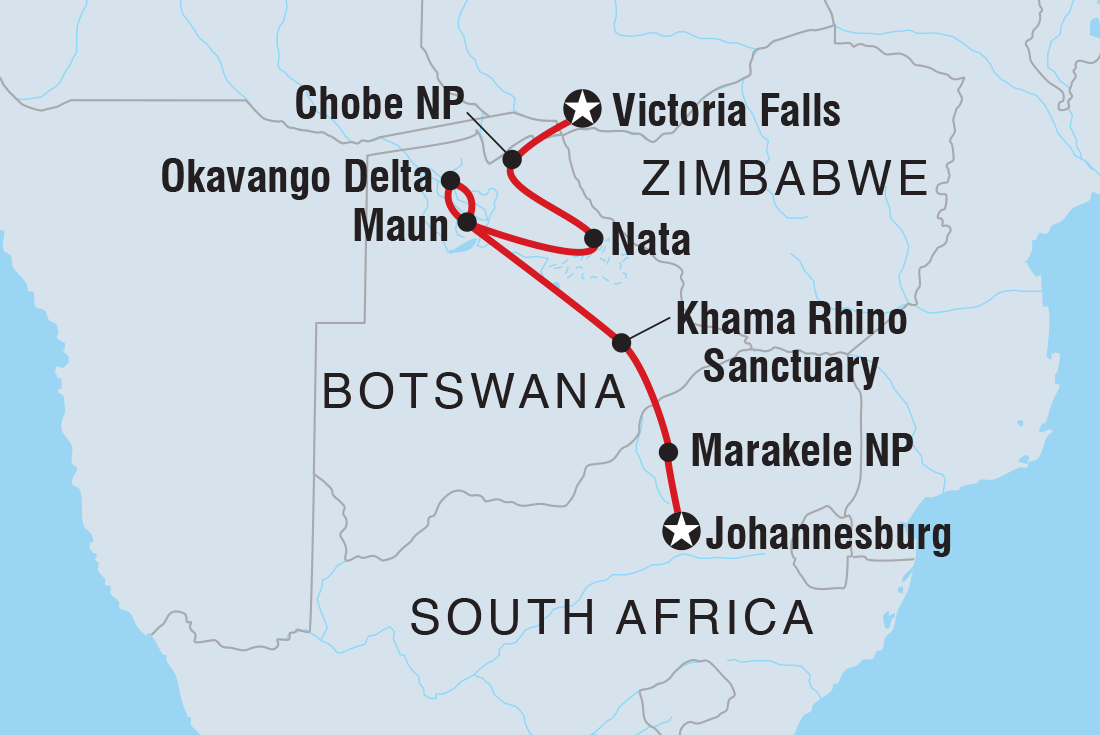 Map of Botswana Family Safari With Teenagers including Botswana, South Africa and Zimbabwe