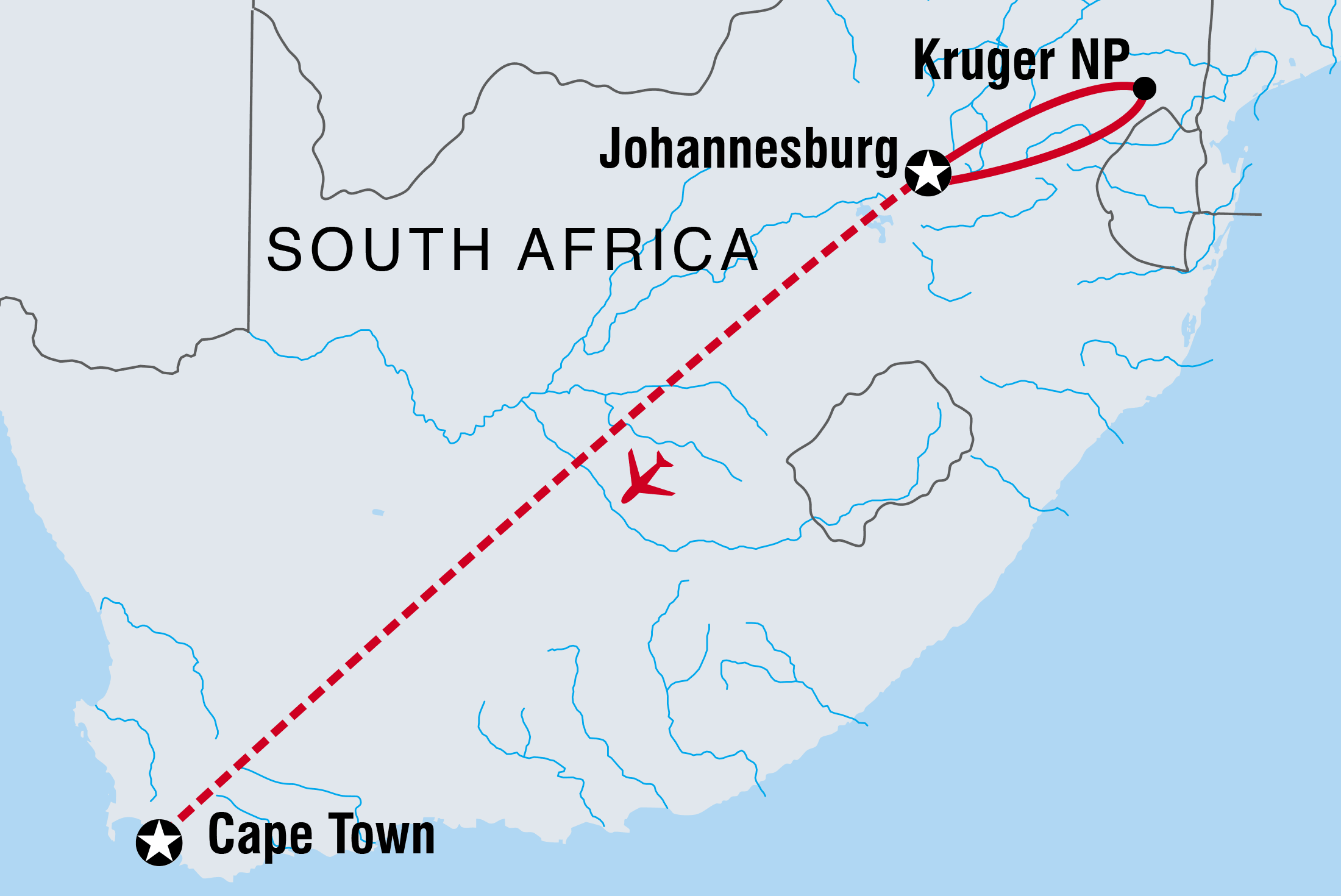 Map of Kruger & Cape Town Short Break By Plane including South Africa
