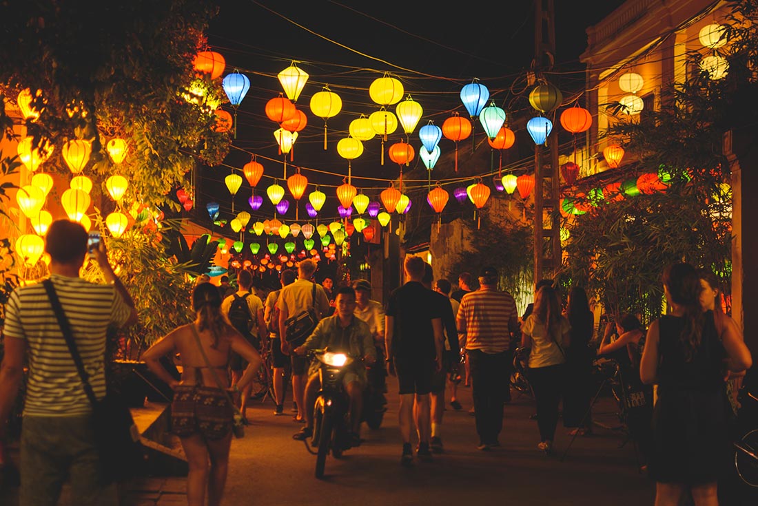 Lanterns line the streets at night in Hoi An, Vietnam