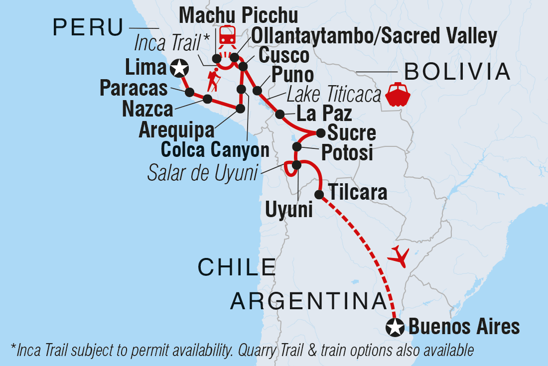 Map of Peru, Bolivia & Argentina Adventure including Argentina, Bolivia and Peru
