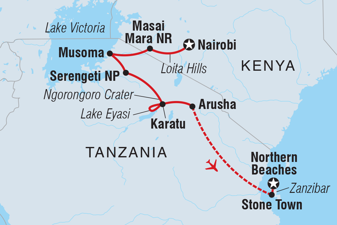 Map of East Africa Safari & Coast including Kenya and Tanzania, United Republic Of