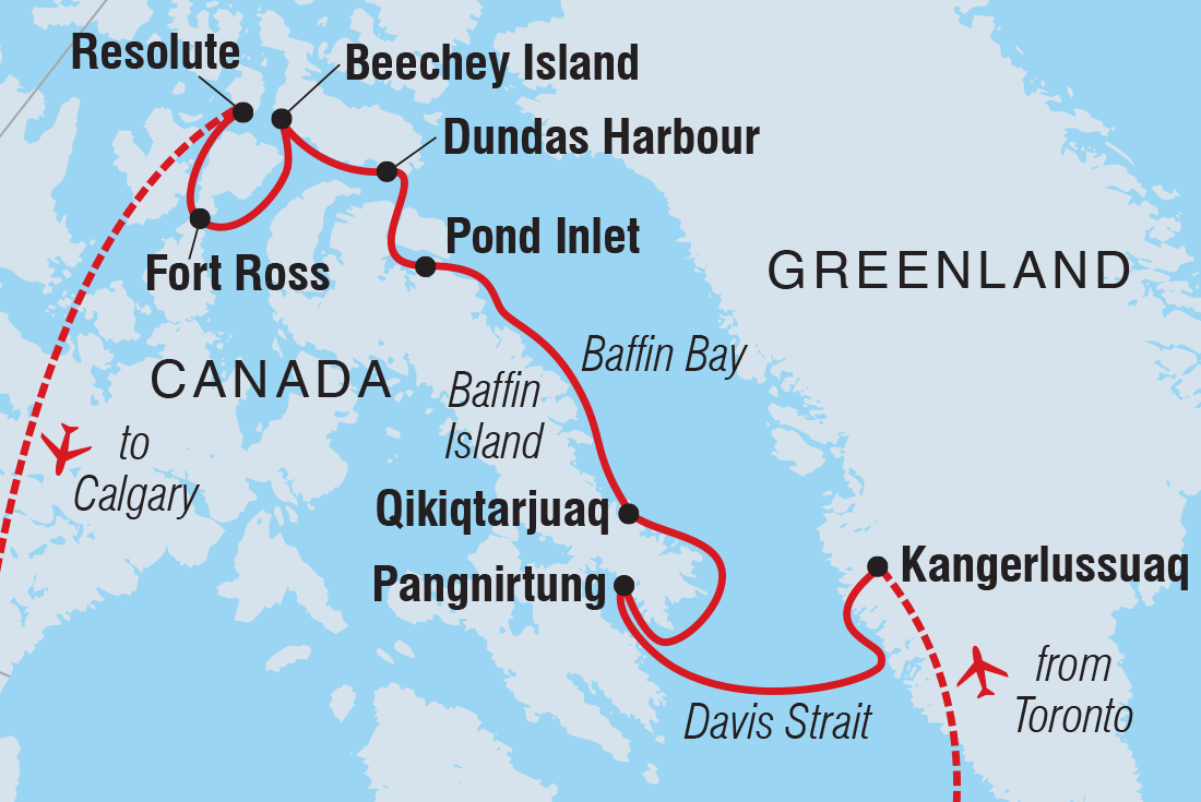 Map of Northwest Passage: The Legendary Arctic Sea Route including Canada and Greenland