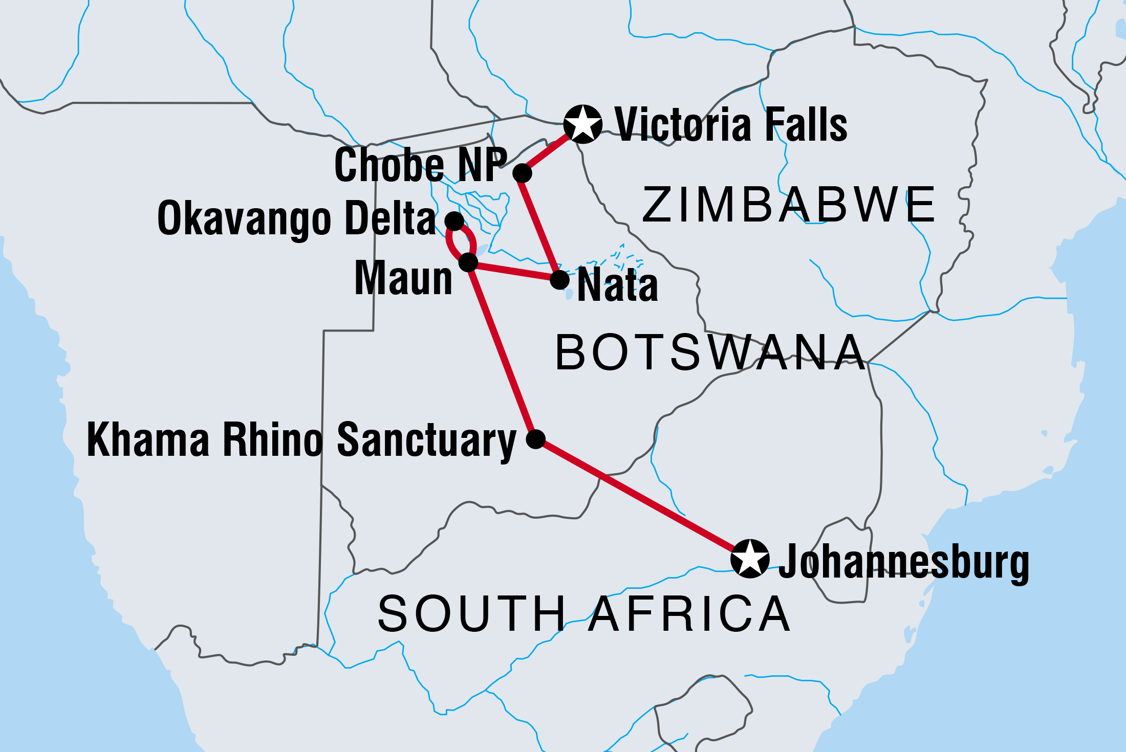 Map of Okavango Experience including Botswana, South Africa and Zimbabwe