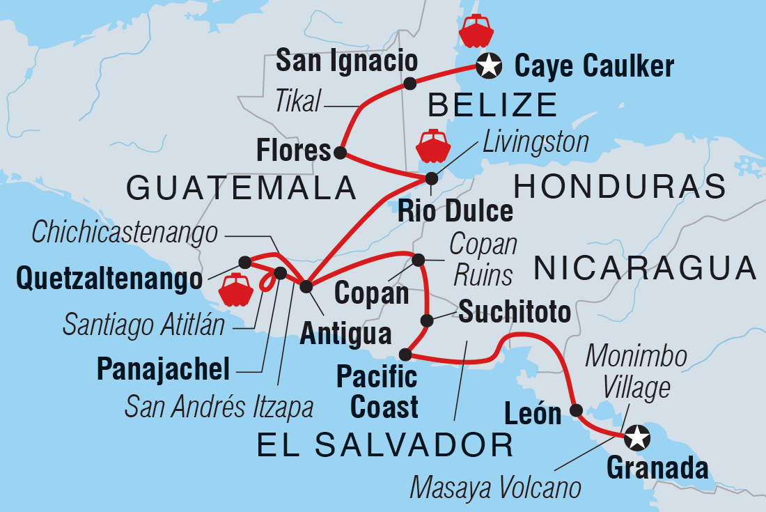 Map of Nicaragua To Belize Discovery including Belize, El Salvador, Guatemala, Honduras and Nicaragua