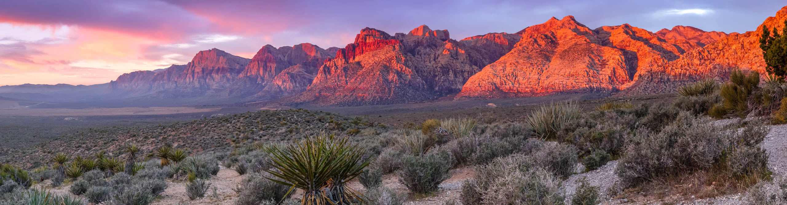 Sunset at Red Rock Canyon, with red mountains, a purple sky, and fluffy clouds, Las Vegas, Nevada
