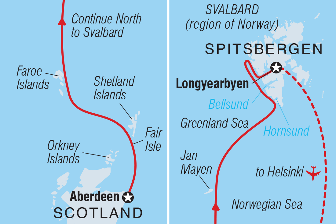 Map of Exploring Spitsbergen Via The Faroes And Jan Mayen including Faroe Islands, Finland, Greenland, Norway, Svalbard And Jan Mayen Islands and United Kingdom