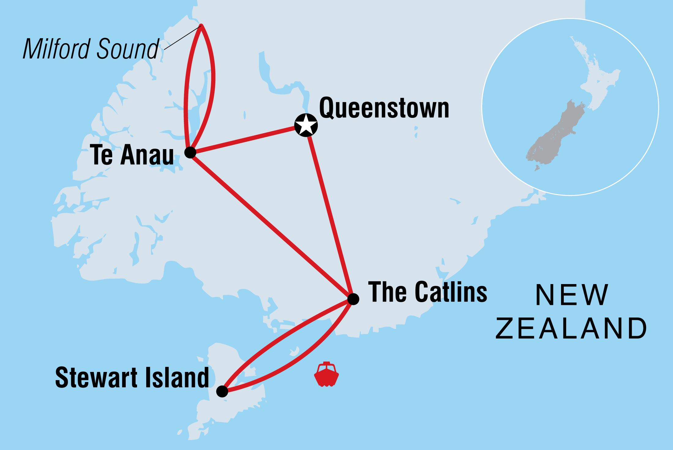 Map of Queenstown Southern Loop including New Zealand