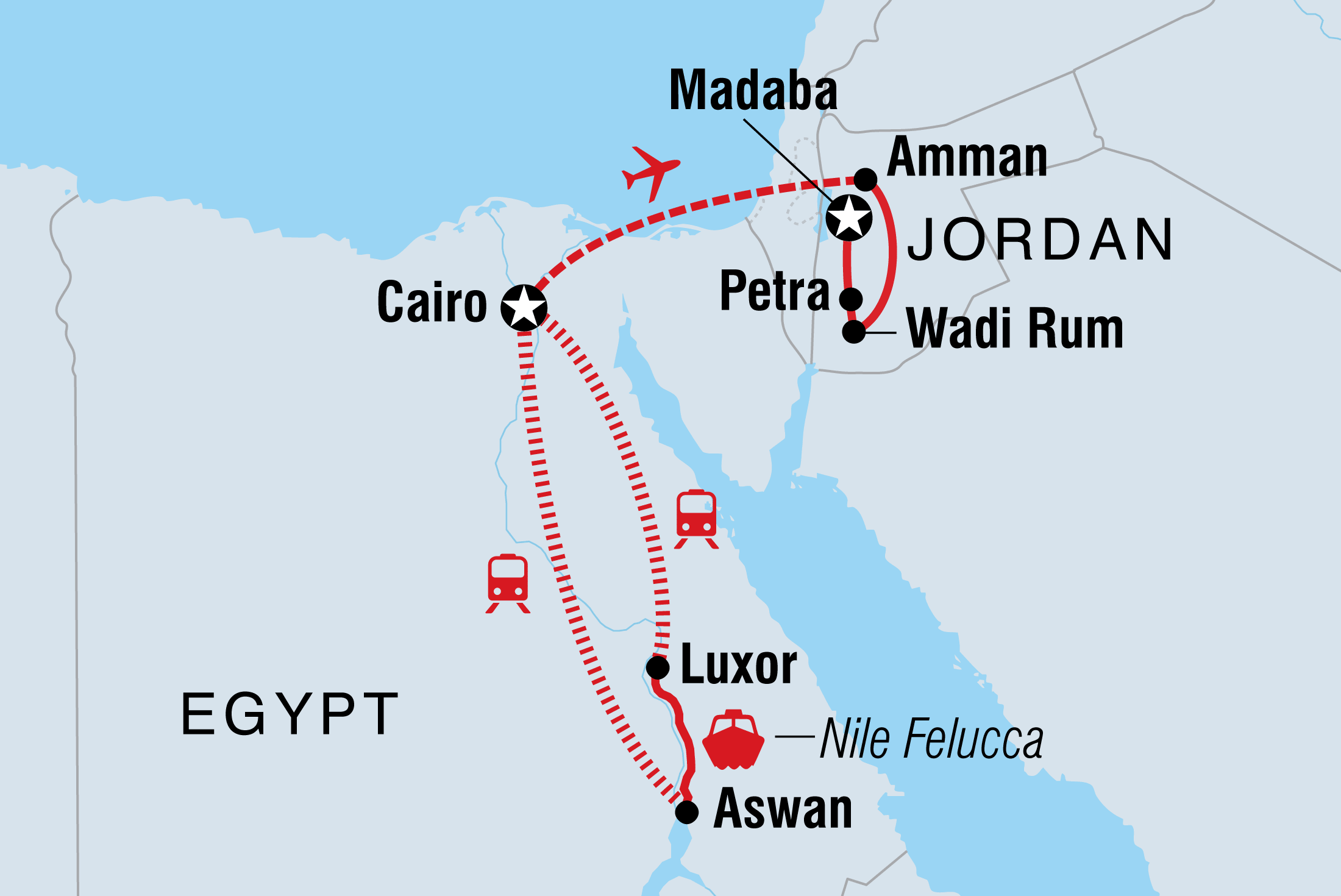 Map of Discover Egypt & Jordan including Egypt and Jordan