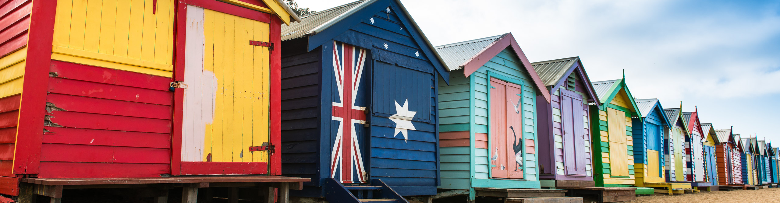Brighton Beach huts, once painted with the Australian flag, Melbourne, Australia 