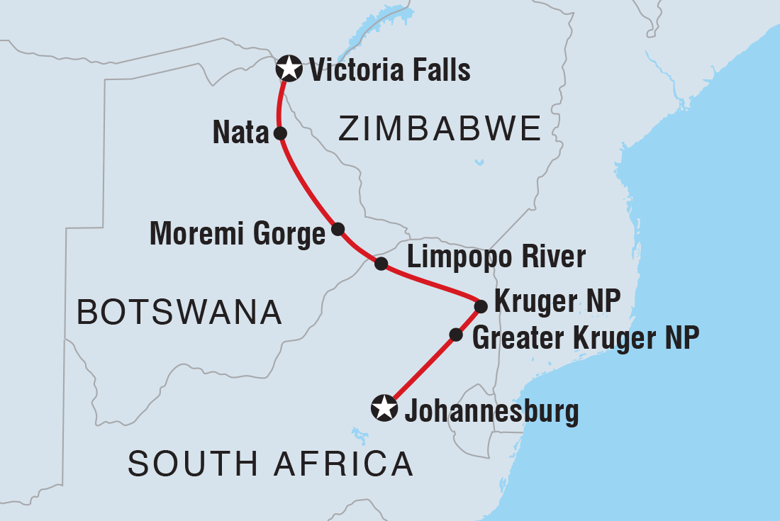 Map of Kruger To Vic Falls including Botswana, South Africa and Zimbabwe