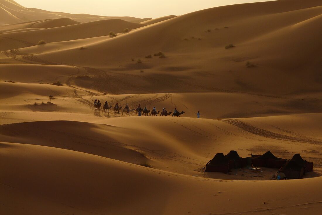 Travellers arriving via camel to their desert night camp, Sahara dessert, Morocco