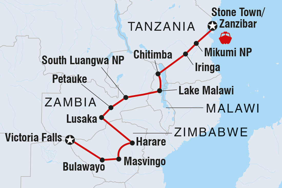 Map of Zanzibar To Vic Falls including Malawi, Tanzania, United Republic Of, Zambia and Zimbabwe