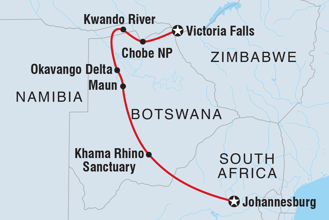 Map of Essential Botswana including Botswana, Namibia, South Africa and Zimbabwe